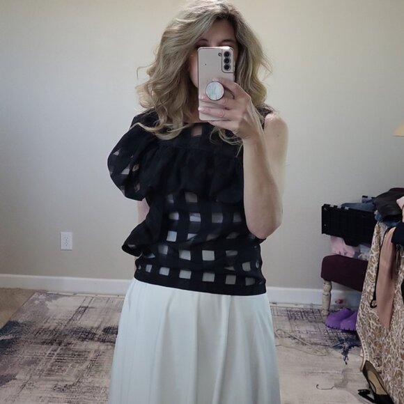 CQ by CQ Windowpane Ruffled Asymmetrical Black Zipper in Back Size M - Picture 2 of 14